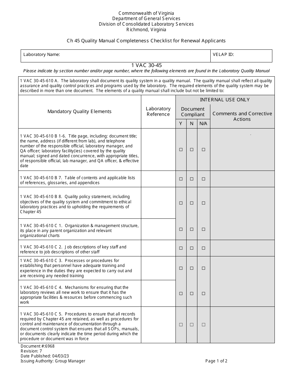 Form 6968 Ch 45 Quality Manual Completeness Checklist for Renewal Applicants - Virginia, Page 1