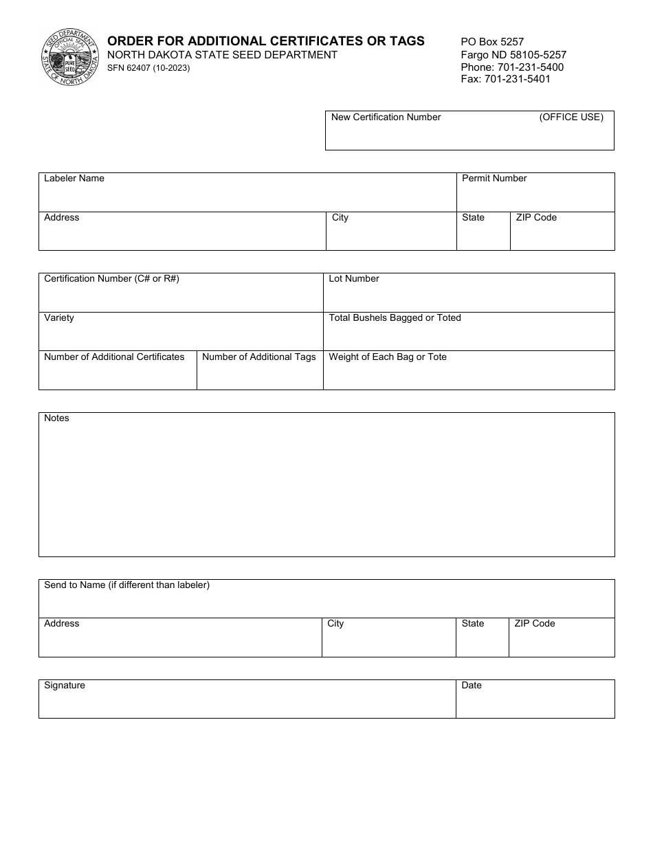Form SFN62407 Order for Additional Certificates or Tags - North Dakota, Page 1