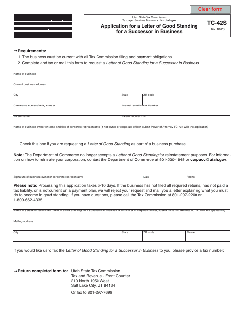 Form TC-42S Application for a Letter of Good Standing for a Successor in Business - Utah