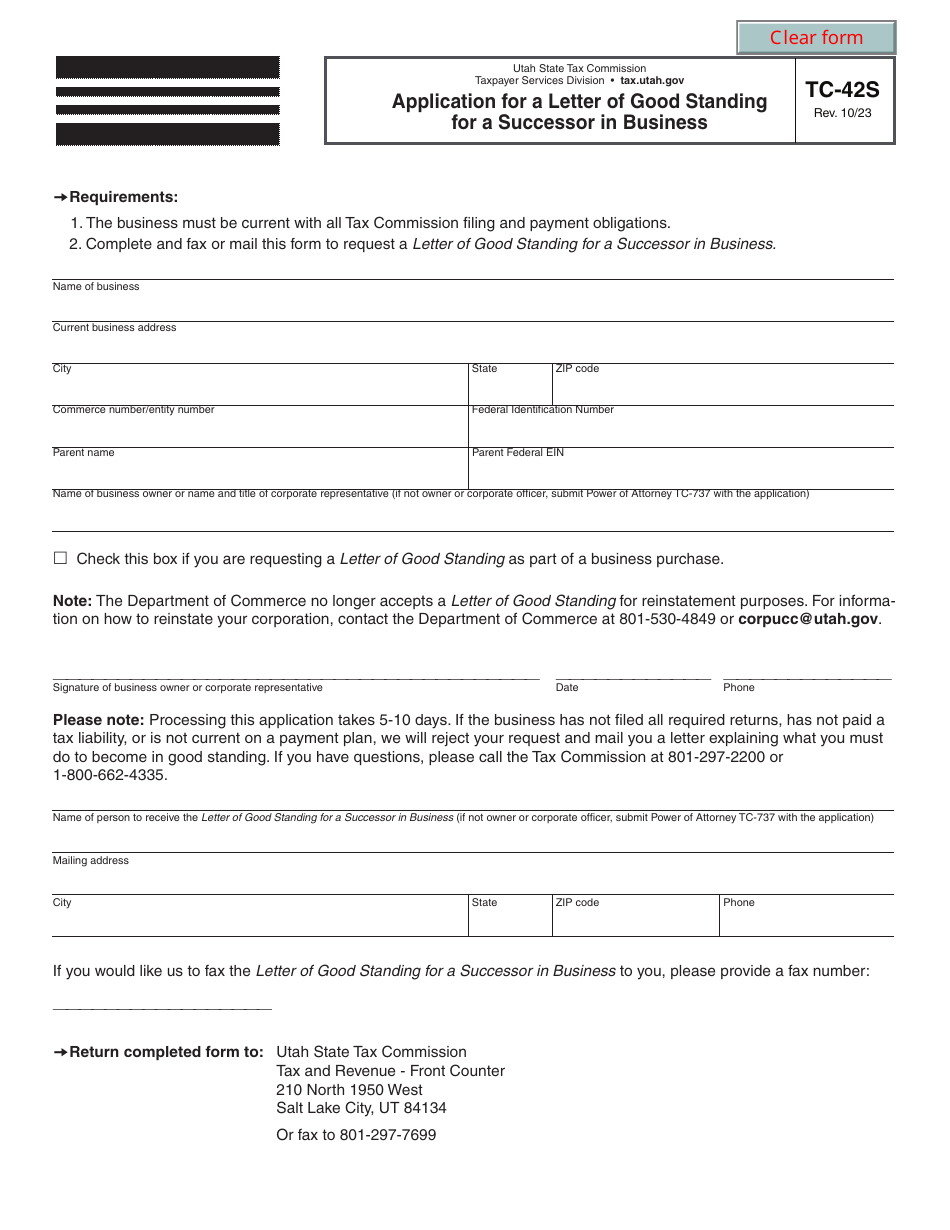 Form TC-42S Application for a Letter of Good Standing for a Successor in Business - Utah, Page 1
