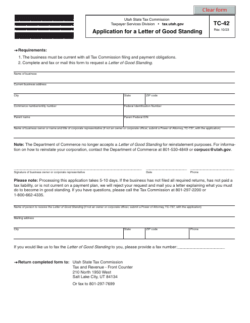 Form TC-42 Application for a Letter of Good Standing - Utah
