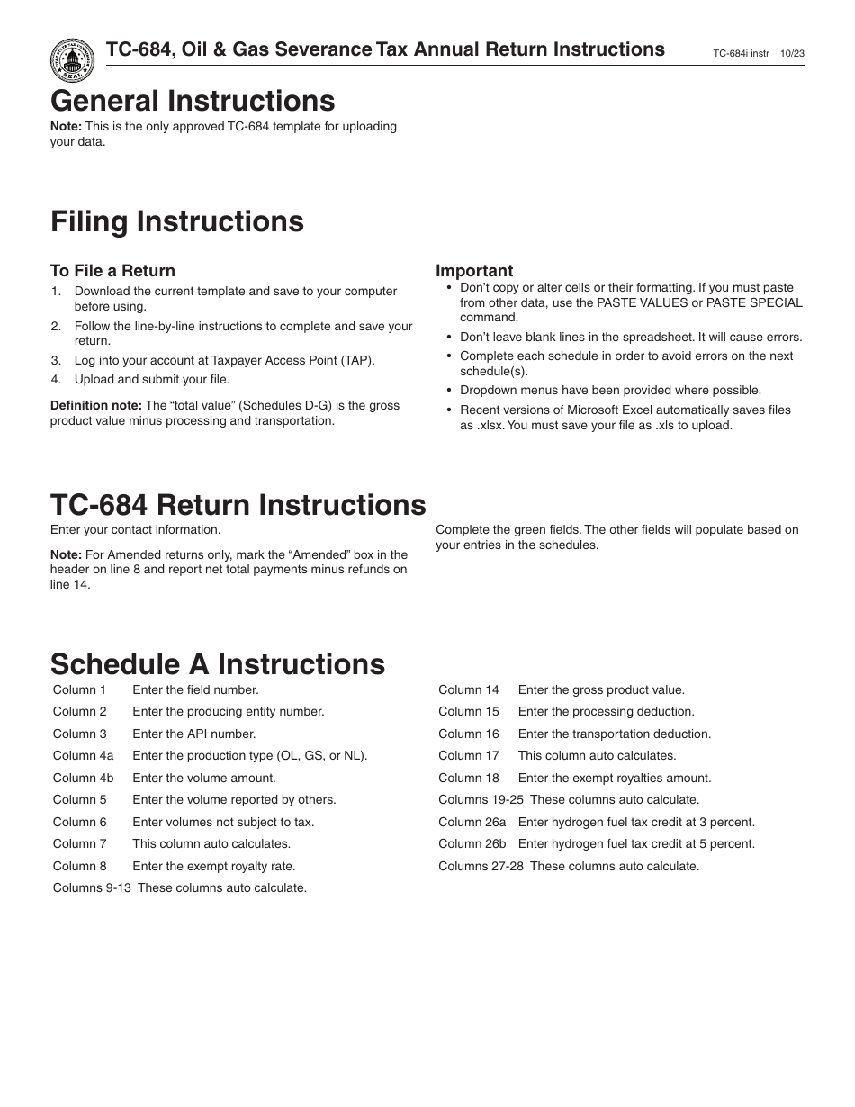 Download Instructions for Form TC684 Oil & Gas Severance Tax Annual