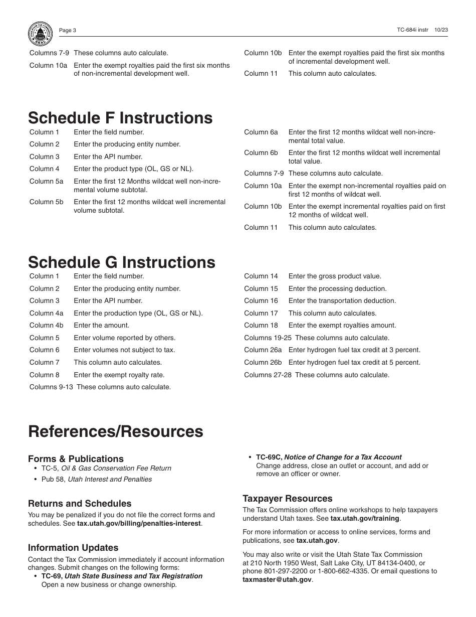Instructions for Form TC-684 Oil  Gas Severance Tax Annual Return - Utah, Page 3