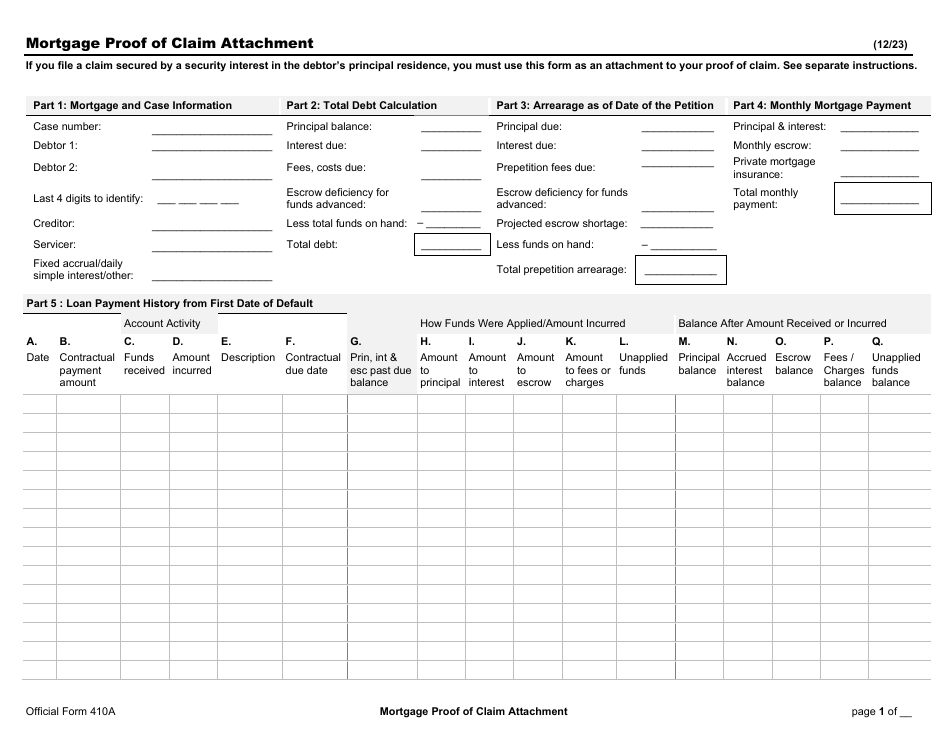 Official Form 410A Mortgage Proof of Claim Attachment, Page 1