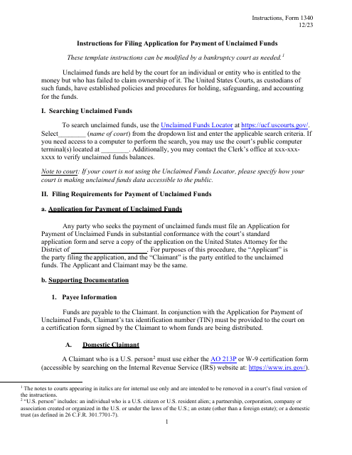 Instructions for Form 1340 Application for Payment of Unclaimed Funds