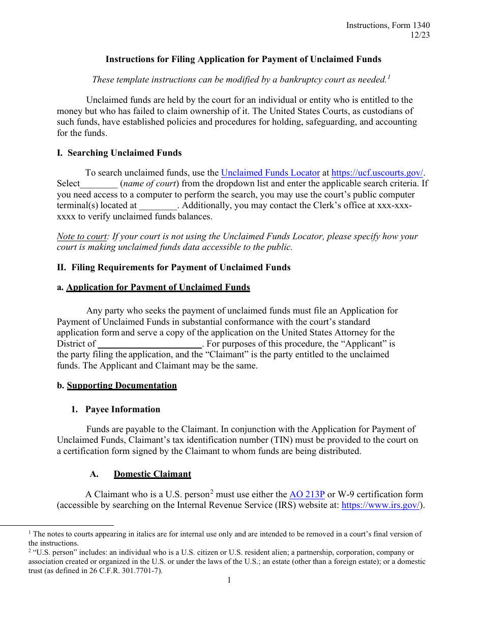 Instructions for Form 1340 Application for Payment of Unclaimed Funds, Page 1