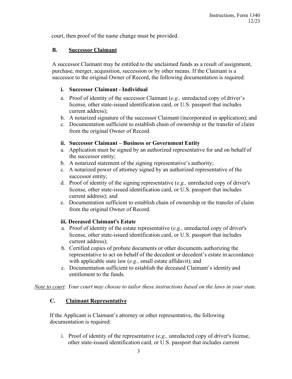 Instructions for Form 1340 Application for Payment of Unclaimed Funds, Page 3