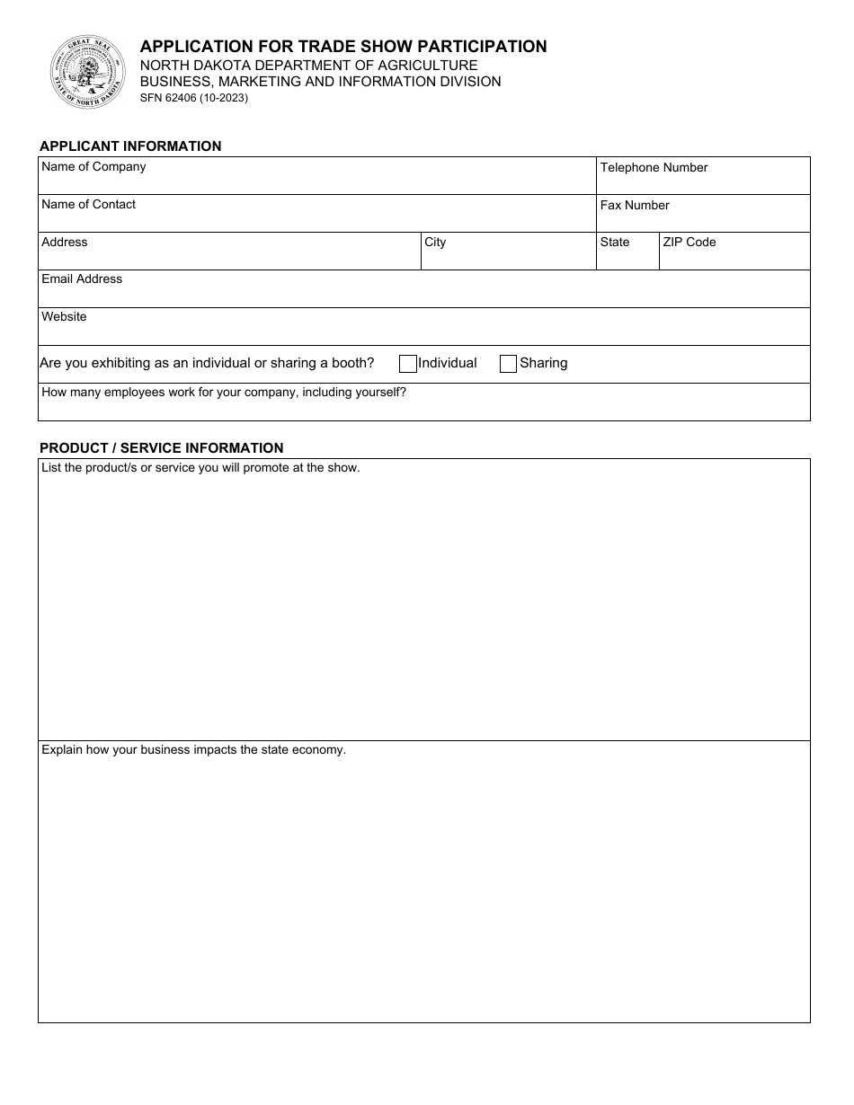 Form SFN62406 Application for Trade Show Participation - North Dakota, Page 1