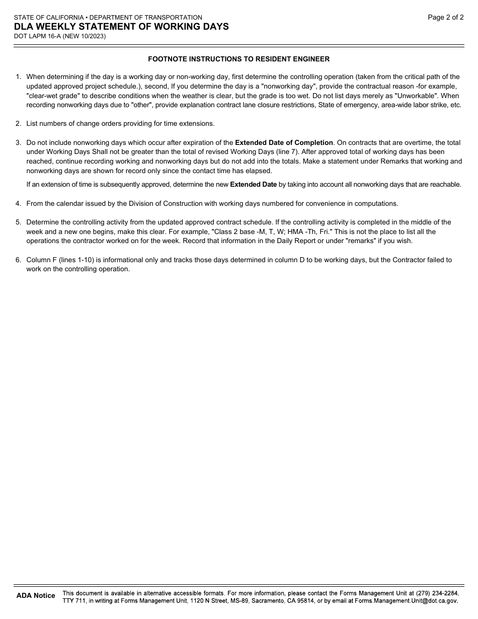 Form DOT LAPM16-A Dla Weekly Statement of Working Days - California, Page 2