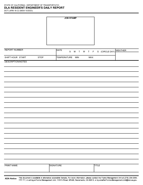 Form DOT LAPM16-C2 Dla Resident Engineer's Daily Report - California