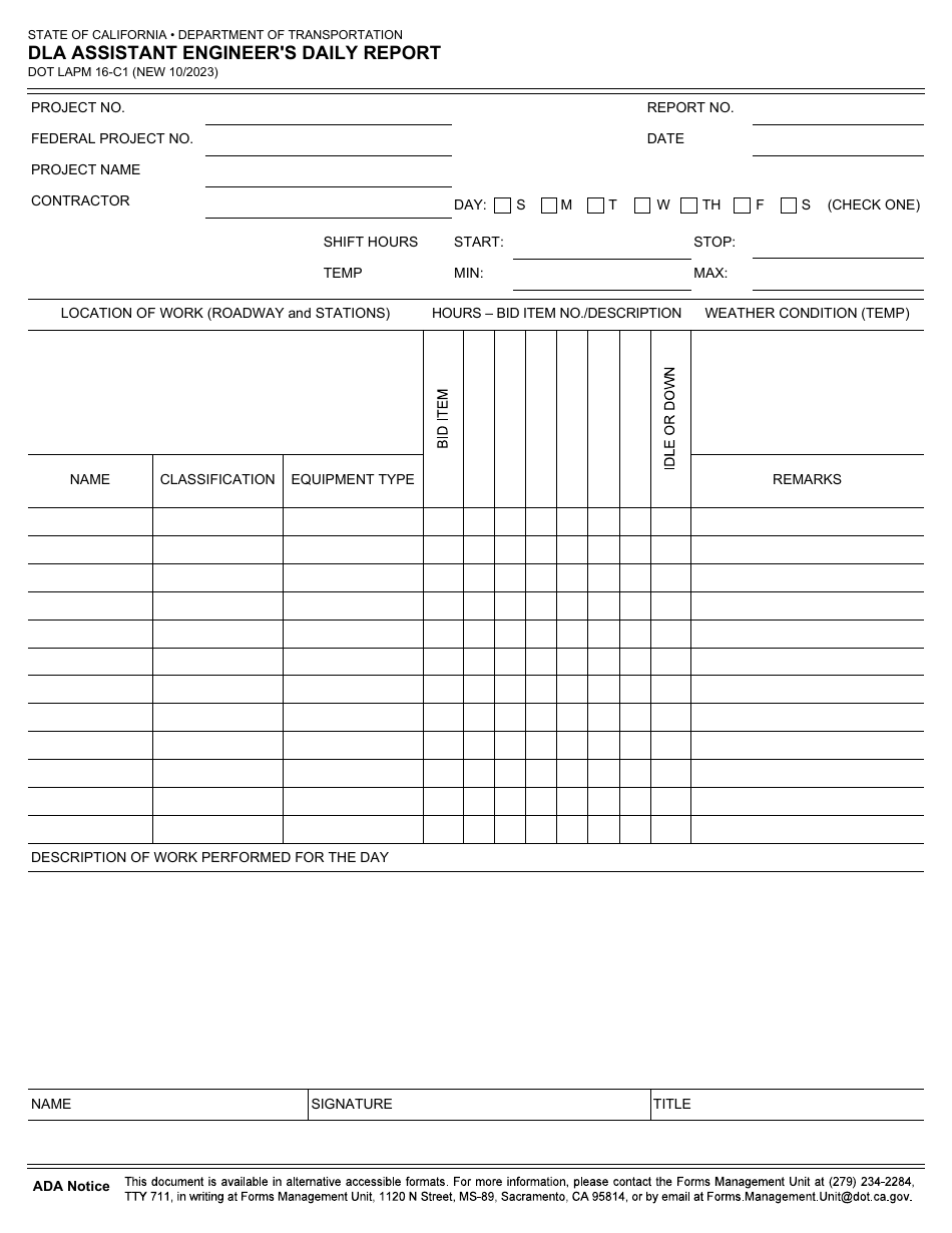 Form DOT LAPM16-C1 Dla Assistant Engineers Daily Report - California, Page 1