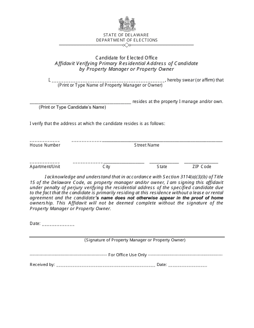 Affidavit Verifying Primary Residential Address of Candidate by Property Manager or Property Owner - Delaware Download Pdf