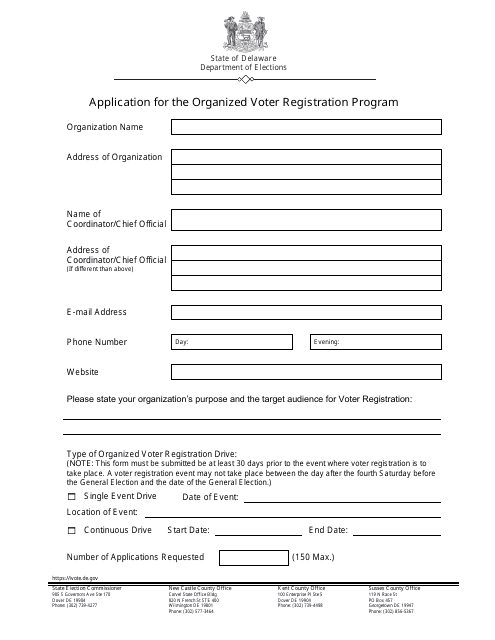 Application for the Organized Voter Registration Program - Delaware Download Pdf