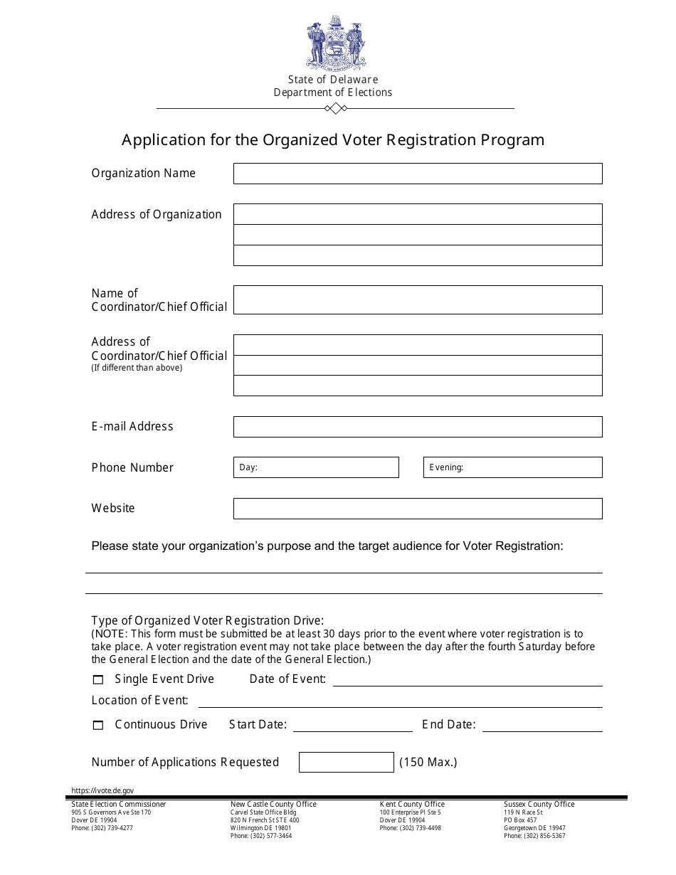 Application for the Organized Voter Registration Program - Delaware, Page 1