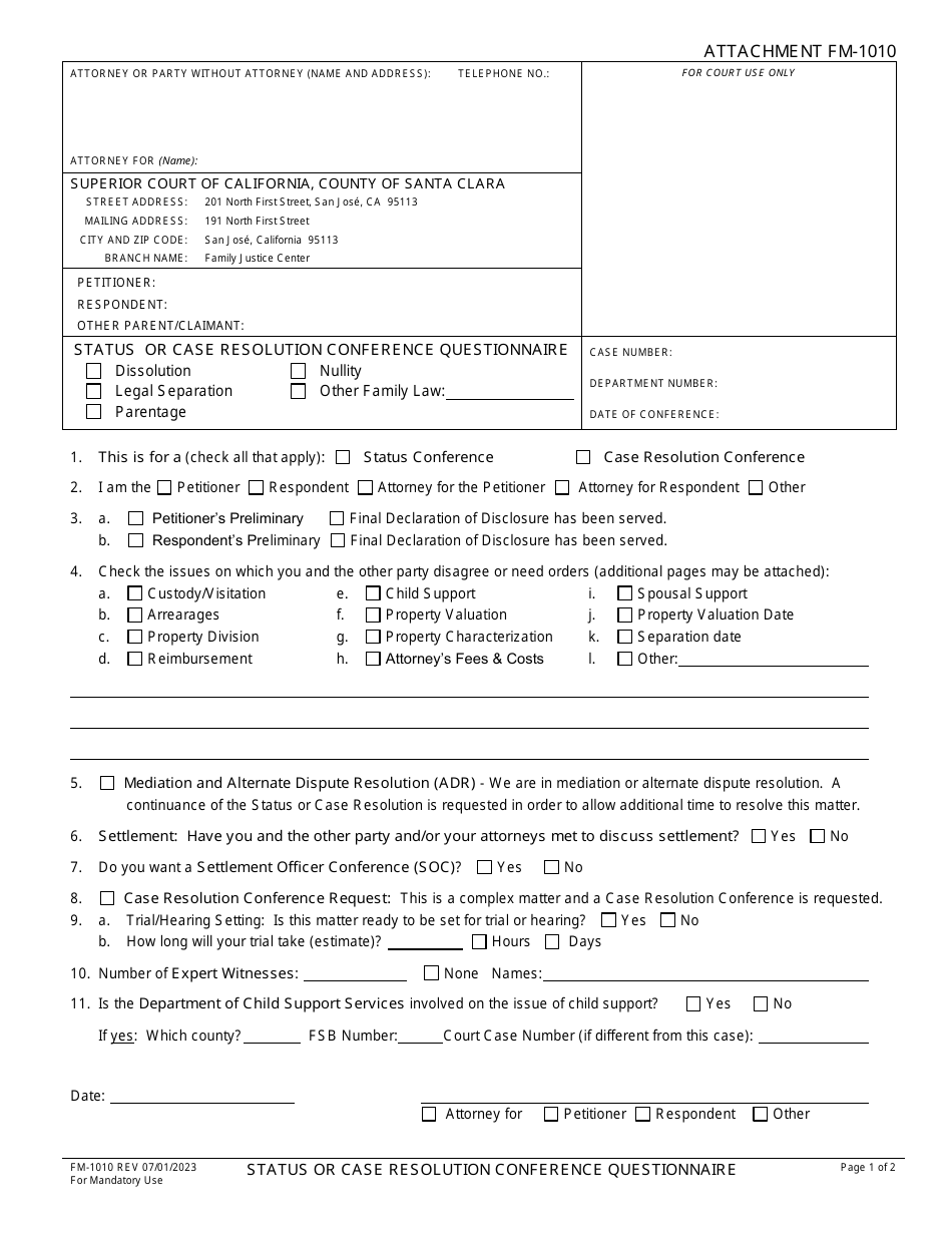 Attachment FM-1010 Status or Case Resolution Conference Questionnaire - Santa Clara County, California, Page 1