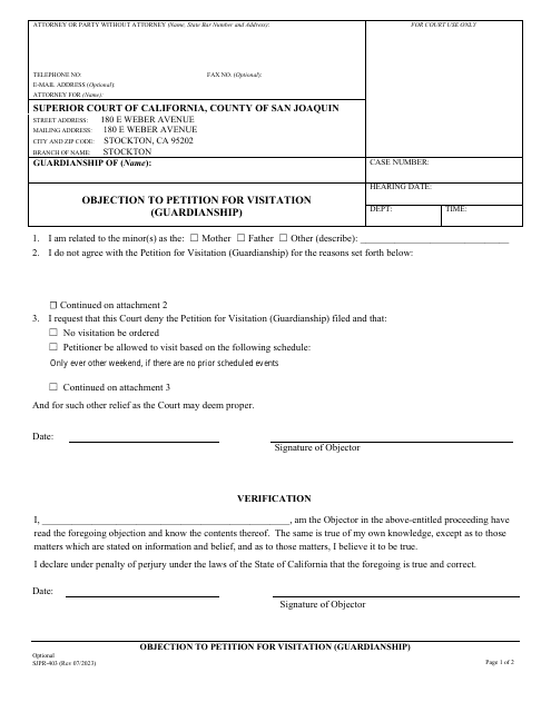 Form SJPR-403 Objection to Petition for Visitation (Guardianship) - County of San Joaquin, California