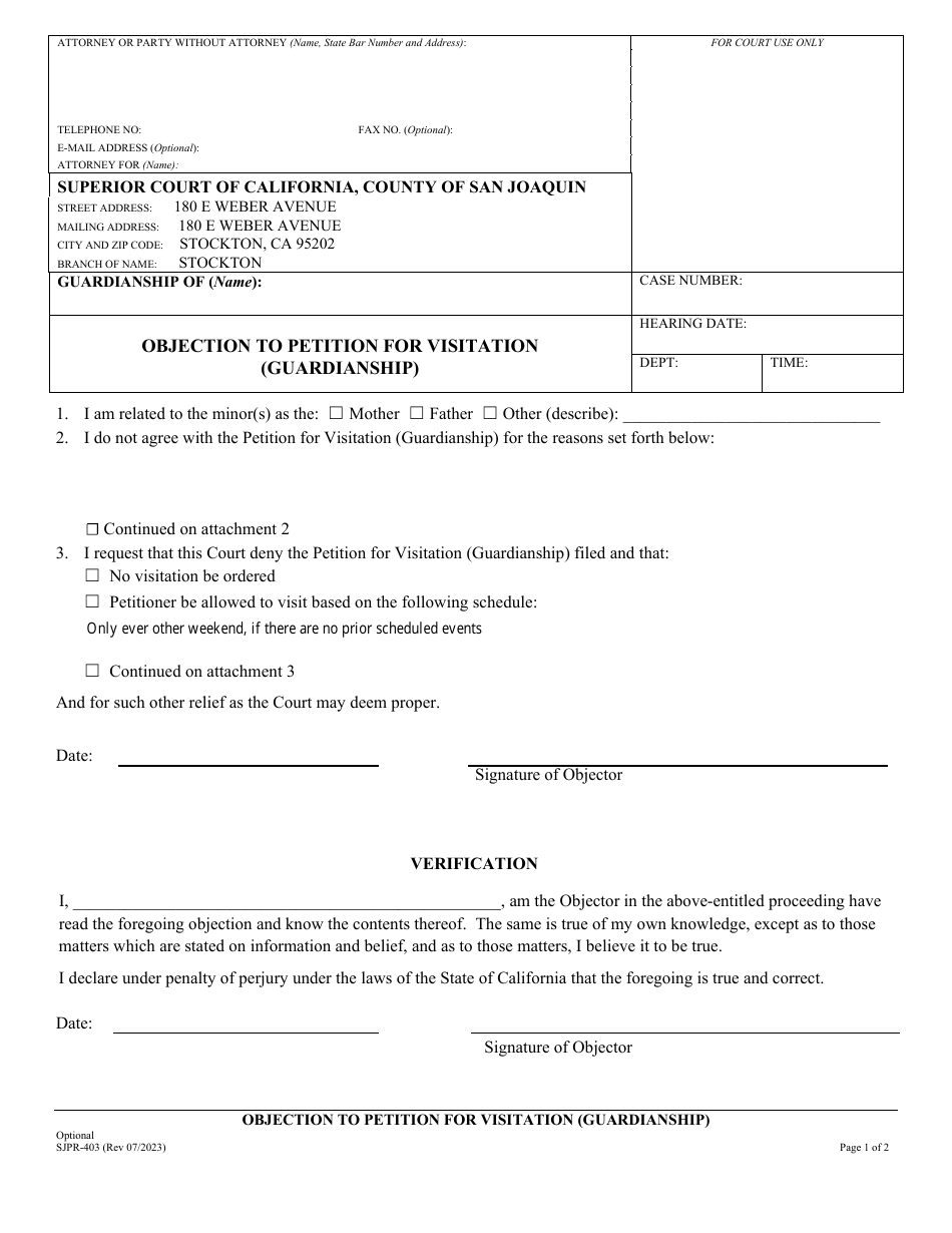 Form SJPR-403 Objection to Petition for Visitation (Guardianship) - County of San Joaquin, California, Page 1