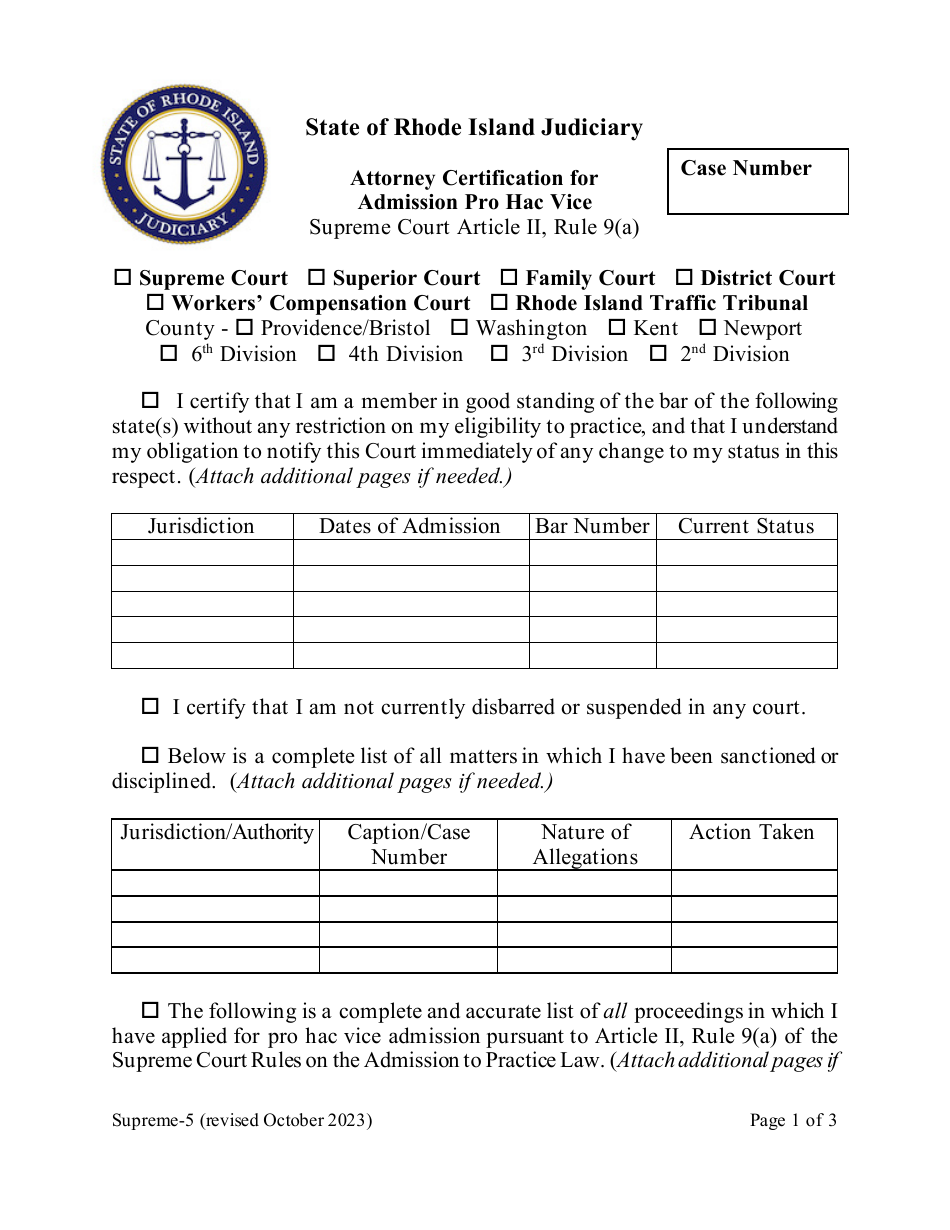 Form Supreme-5 Attorney Certification for Admission Pro Hac Vice - Rhode Island, Page 1