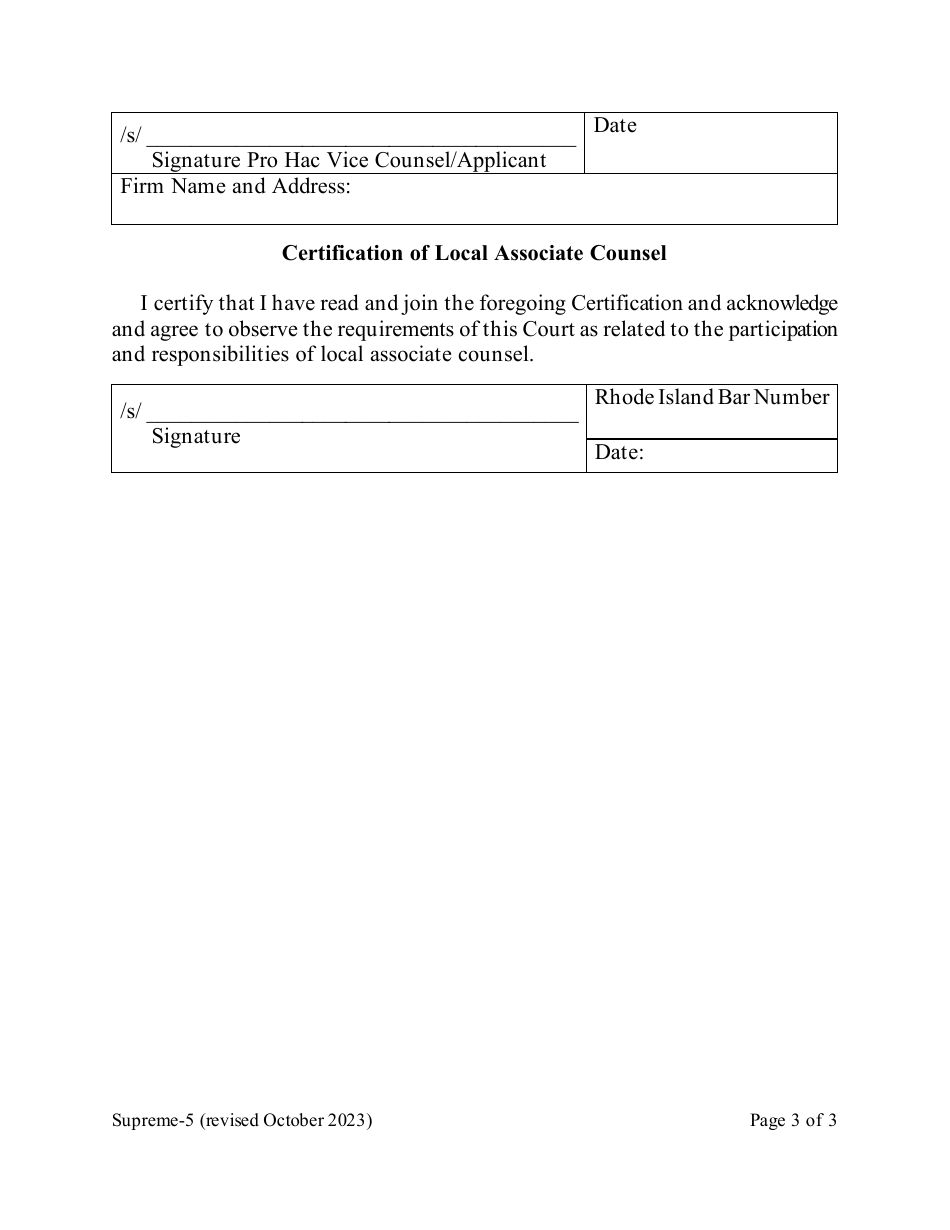 Form Supreme-5 Attorney Certification for Admission Pro Hac Vice - Rhode Island, Page 3