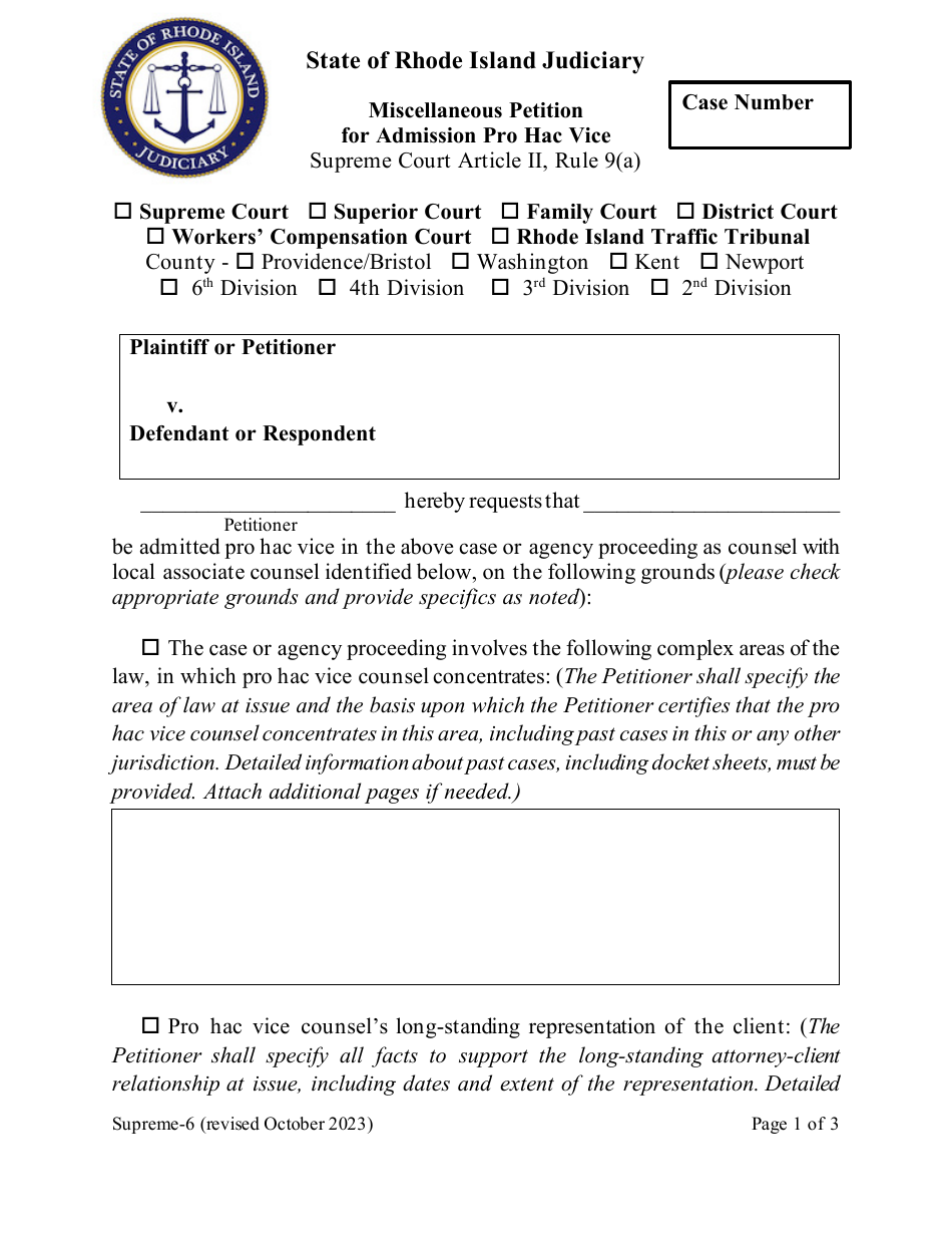 Form Supreme-6 Miscellaneous Petition for Admission Pro Hac Vice - Rhode Island, Page 1