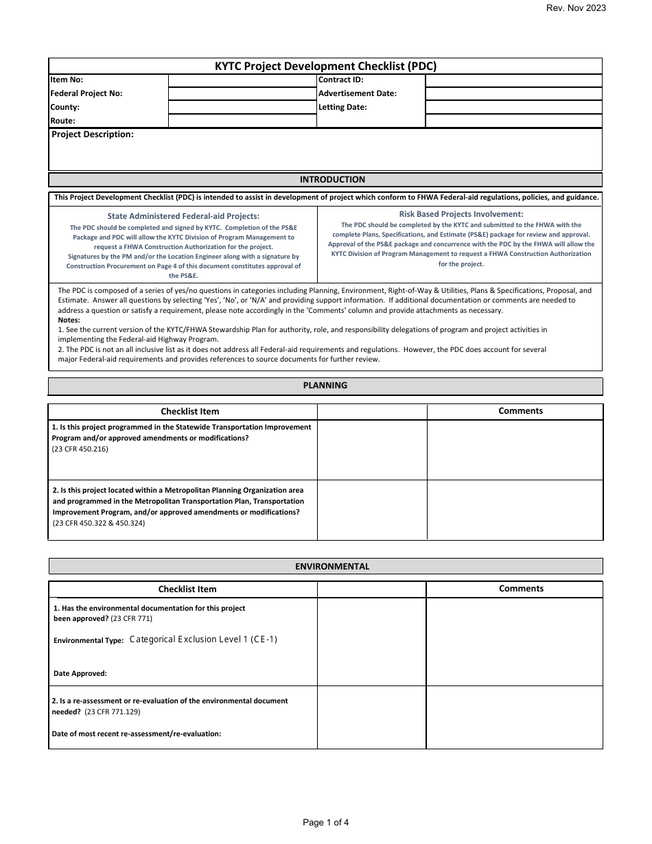 Kytc Project Development Checklist (Pdc) - Kentucky, Page 1
