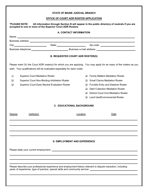 Office of Court Adr Roster Application - Maine Download Pdf