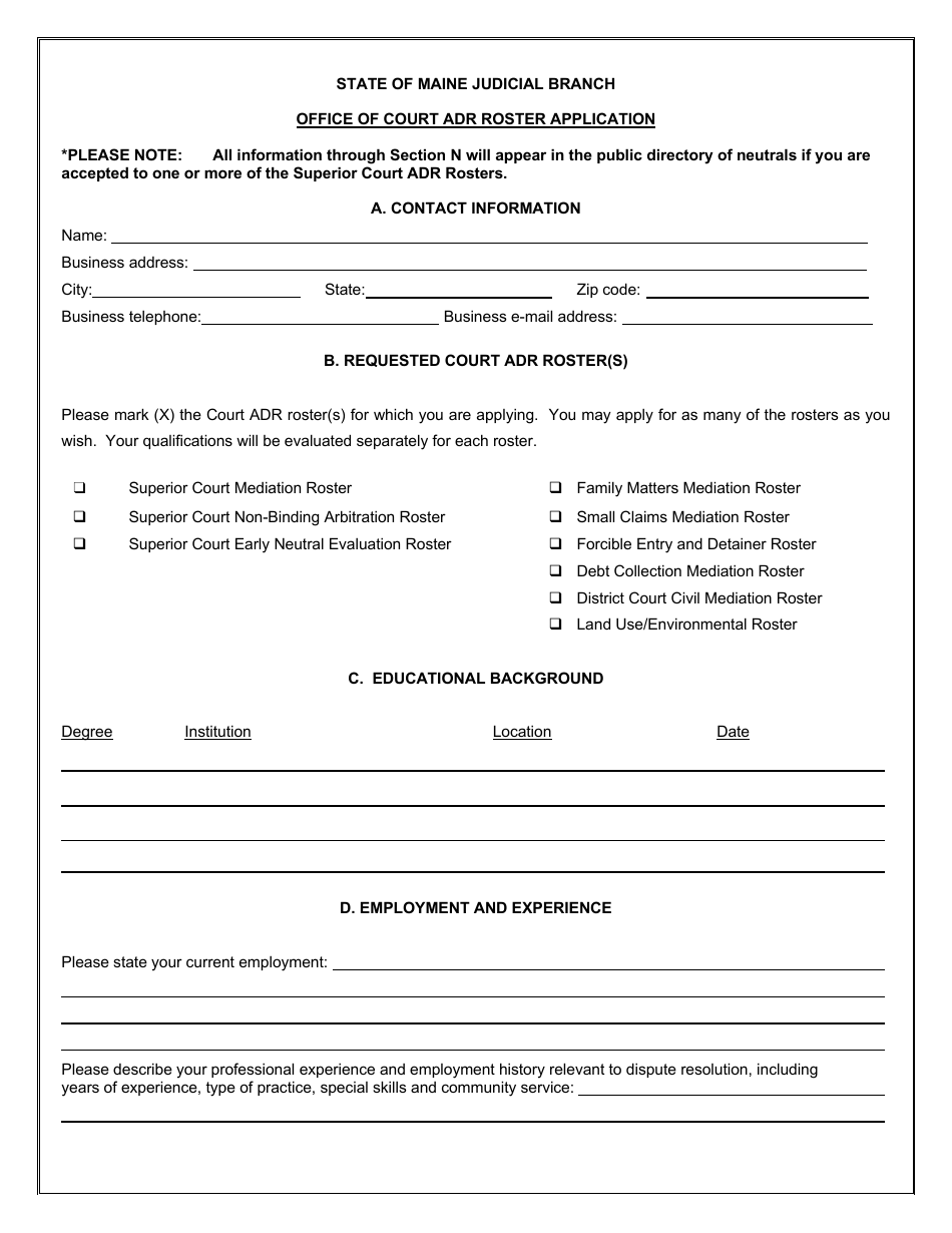 Office of Court Adr Roster Application - Maine, Page 1