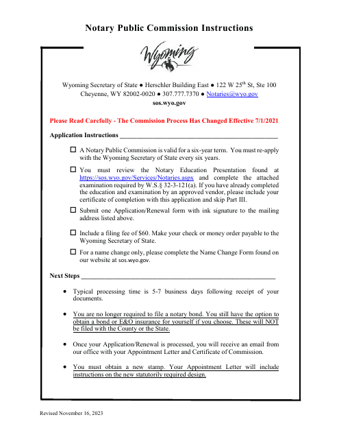 Notary Public Commission Application / Renewal - Wyoming Download Pdf