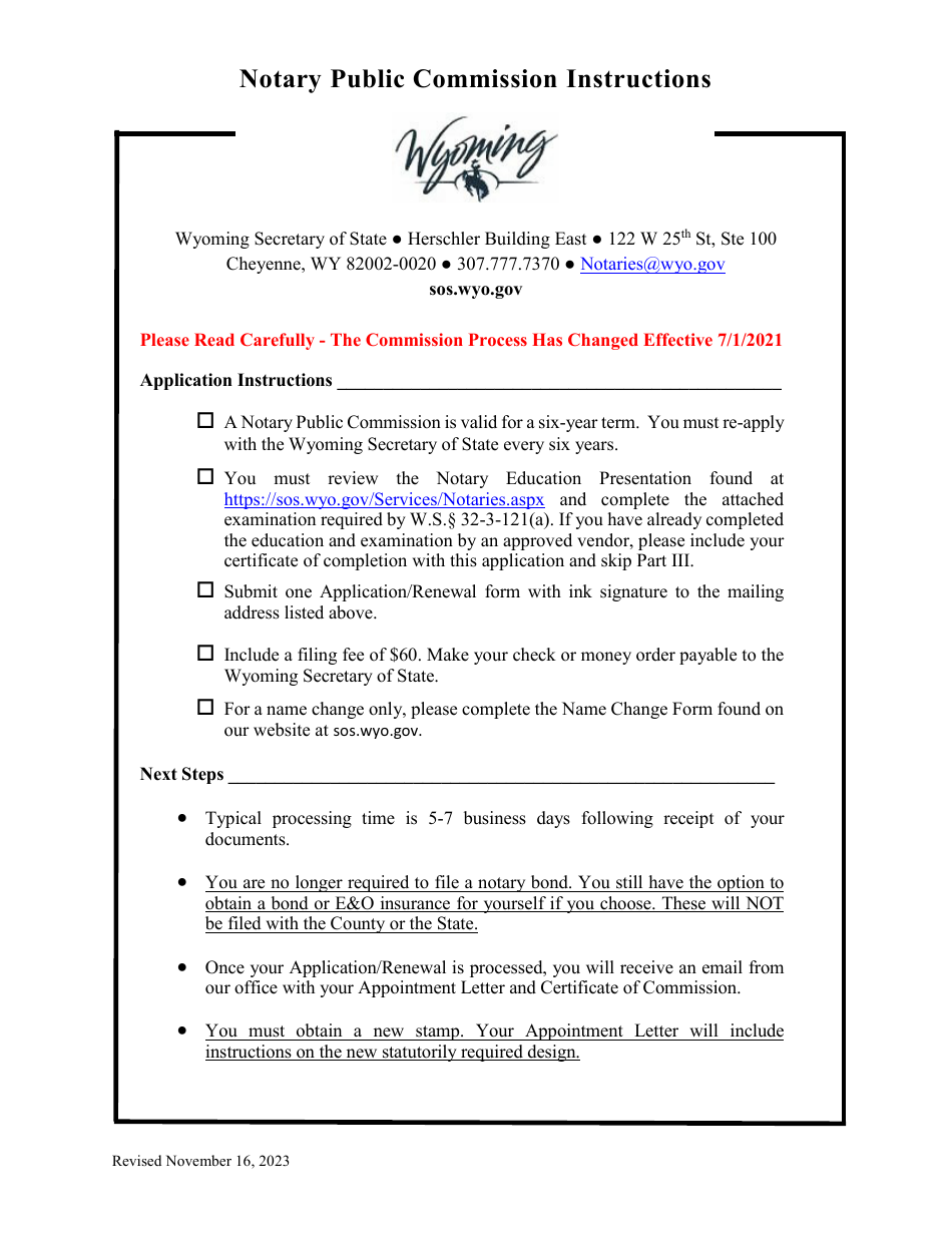 Wyoming Notary Public Commission Application/Renewal Download Printable