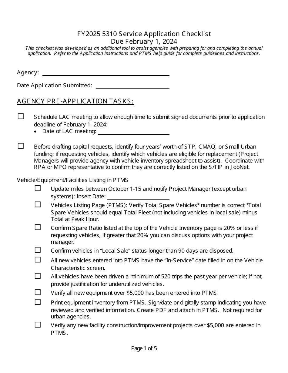 5310 Service Application Checklist - Michigan, Page 1