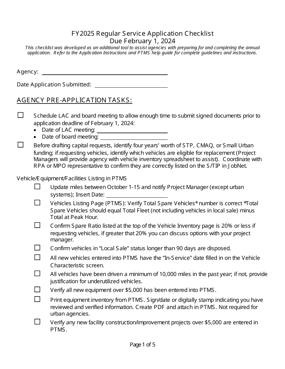 Regular Service Application Checklist - Michigan, Page 1
