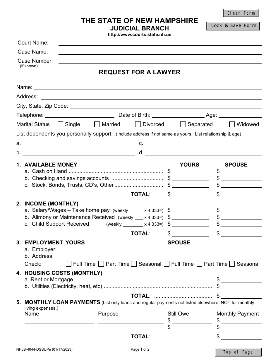 Form NHJB-4044-DSSUPE Request for a Lawyer - New Hampshire, Page 1