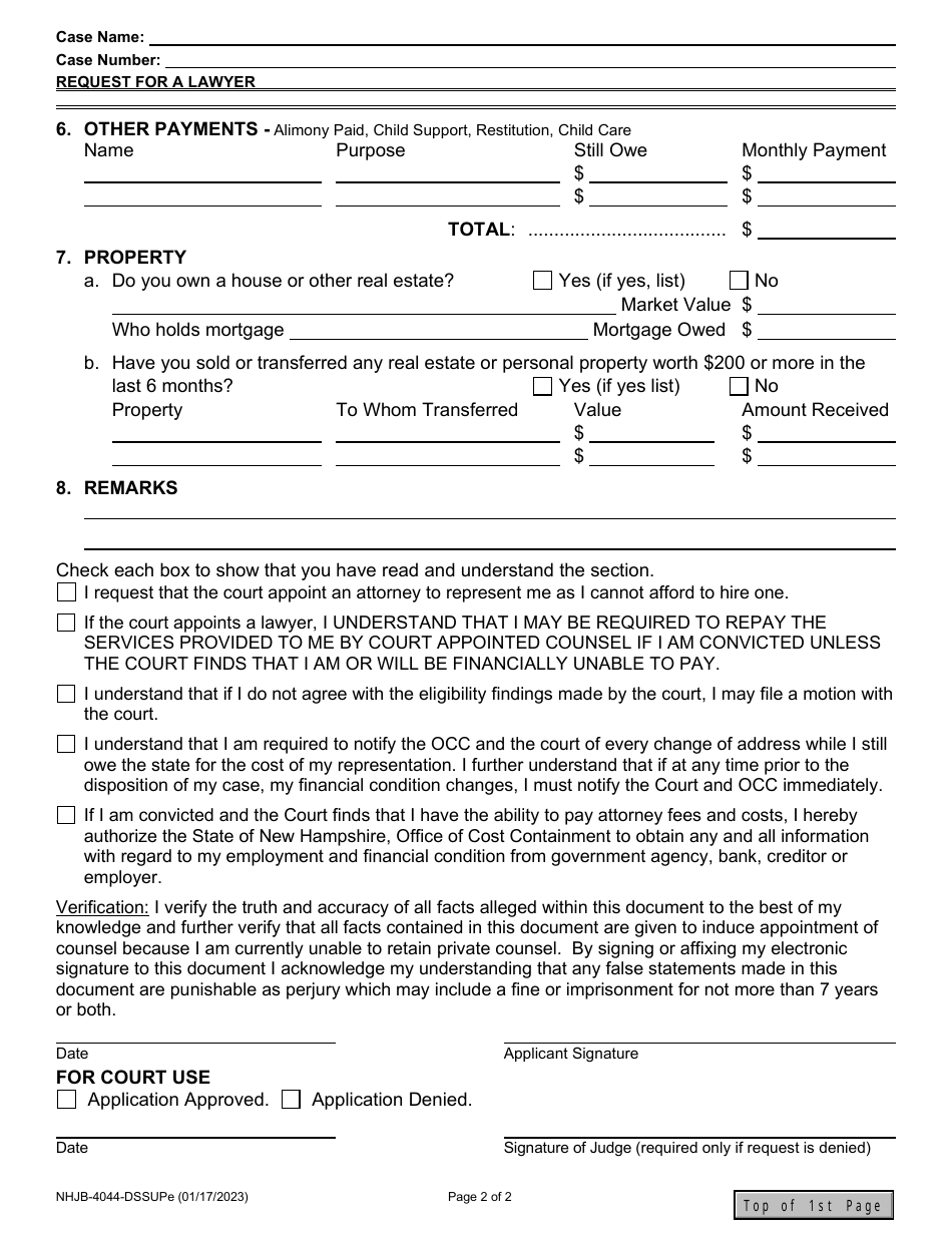 Form NHJB-4044-DSSUPE Request for a Lawyer - New Hampshire, Page 2