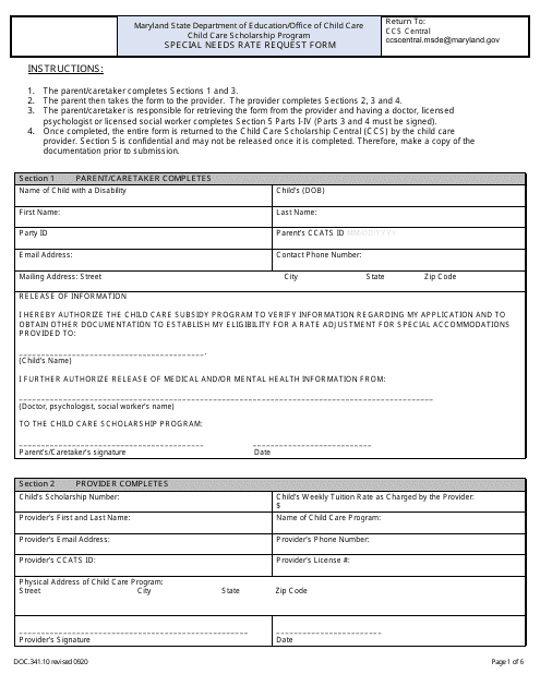Form DOC341.10 Special Needs Rate Request Form - Child Care Scholarship Program - Maryland