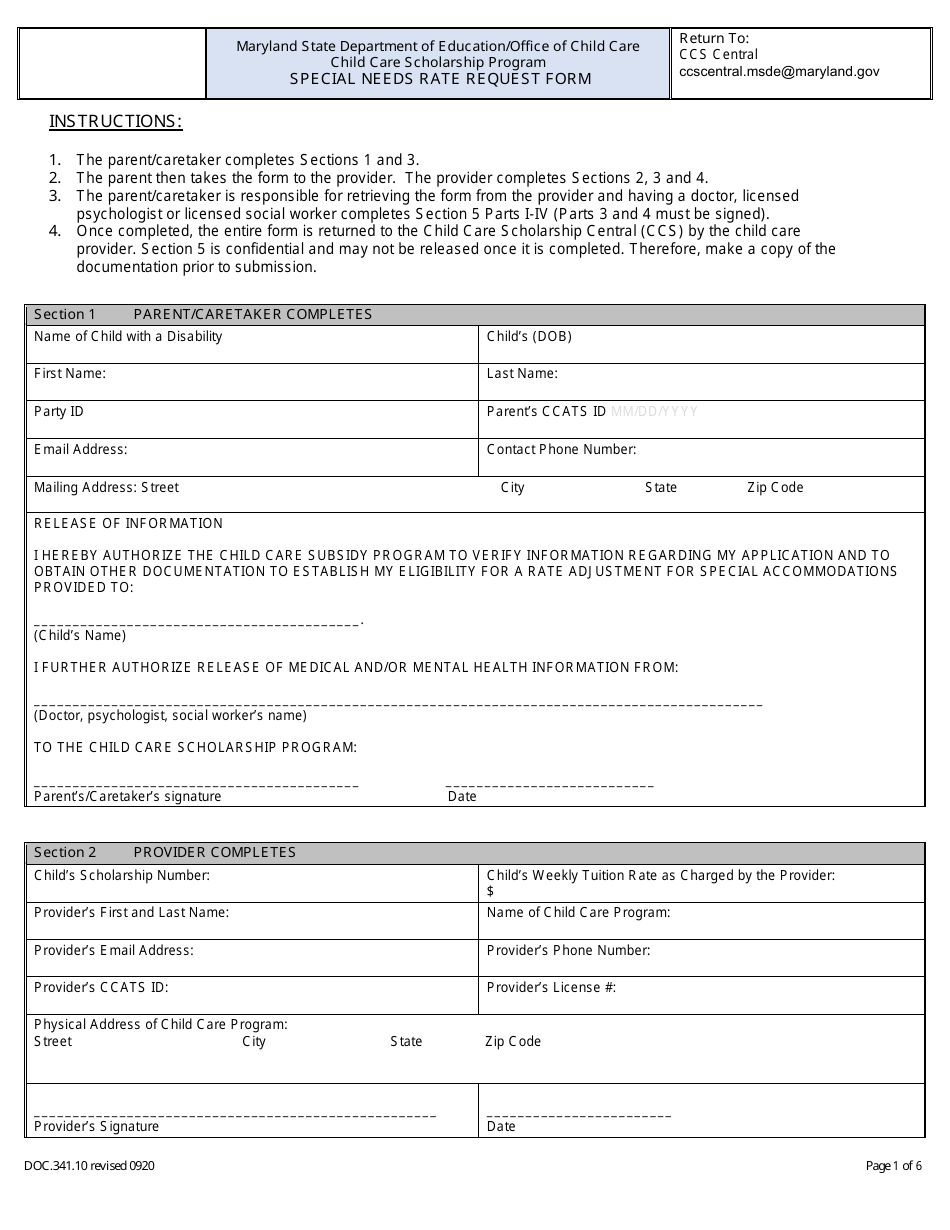 Form DOC341.10 Special Needs Rate Request Form - Child Care Scholarship Program - Maryland, Page 1