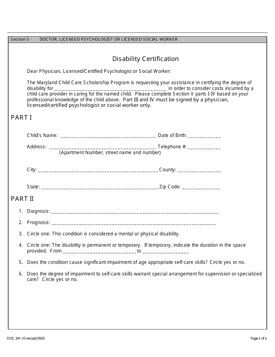 Form DOC341.10 Special Needs Rate Request Form - Child Care Scholarship Program - Maryland, Page 4
