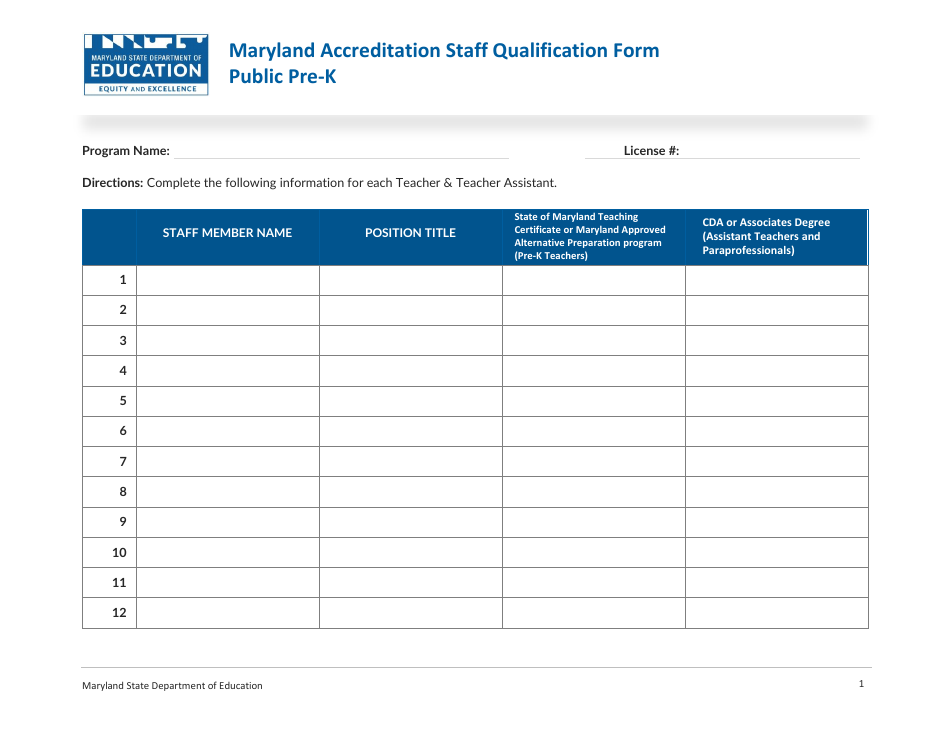 Maryland Accreditation Staff Qualification Form - Public Pre-k - Maryland, Page 1