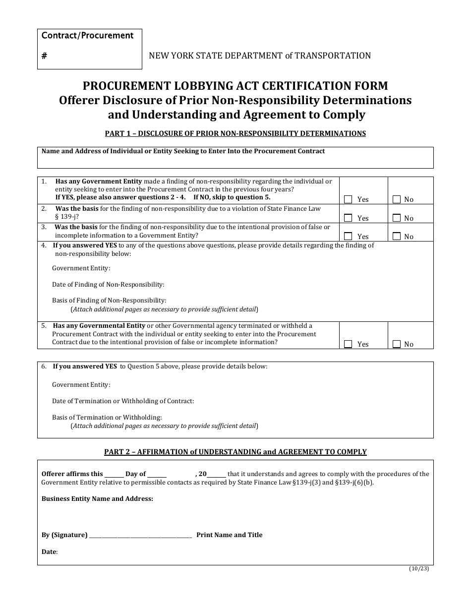 Procurement Lobbying Act Certification Form - Offerer Disclosure of Prior Non-responsibility Determinations and Understanding and Agreement to Comply - New York, Page 1