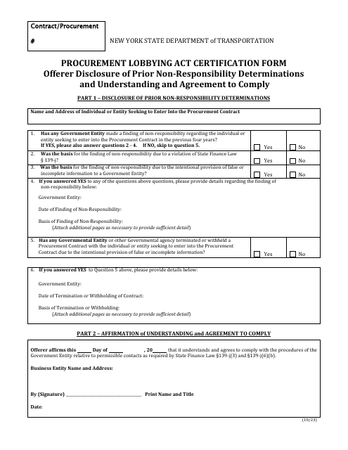 Procurement Lobbying Act Certification Form - Offerer Disclosure of Prior Non-responsibility Determinations and Understanding and Agreement to Comply - New York Download Pdf