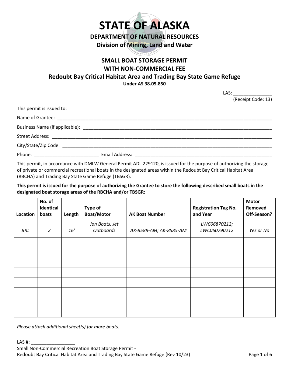 Small Boat Storage Permit With Non-commercial Fee - Redoubt Bay Critical Habitat Area and Trading Bay State Game Refuge - Alaska, Page 1