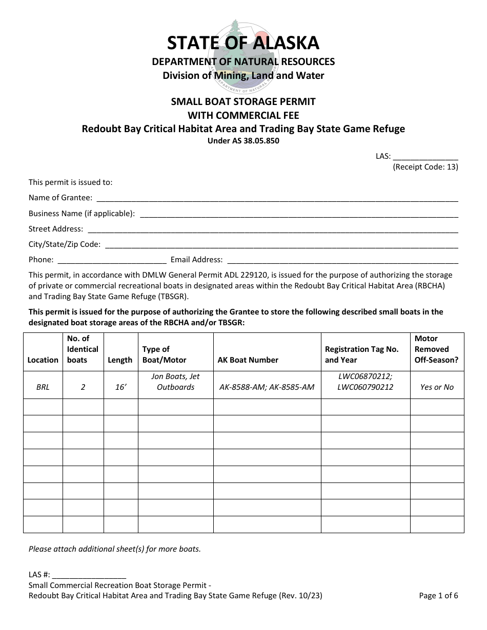 Small Boat Storage Permit With Commercial Fee - Redoubt Bay Critical Habitat Area and Trading Bay State Game Refuge - Alaska, Page 1