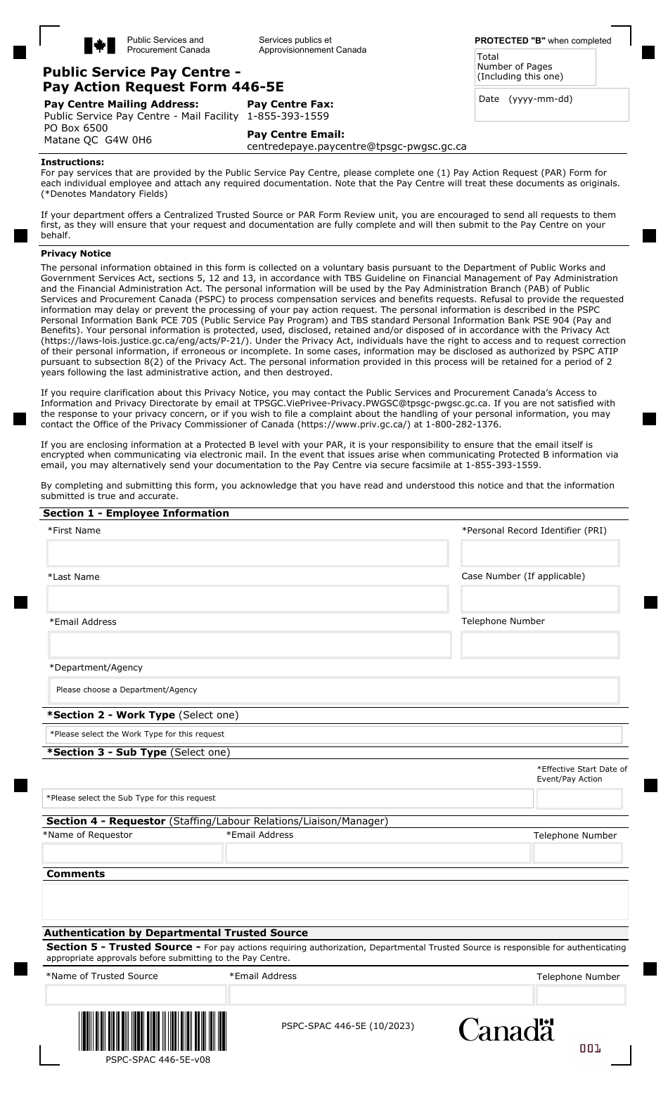 Form PSPC-SPAC446-5E Pay Action Request Form - Canada, Page 1