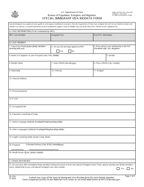 Form DS-234 Special Immigrant Visa Biodata Form