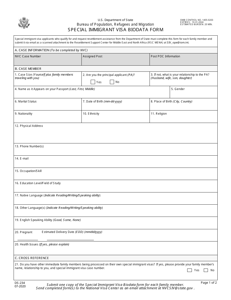 Form DS-234 Special Immigrant Visa Biodata Form, Page 1