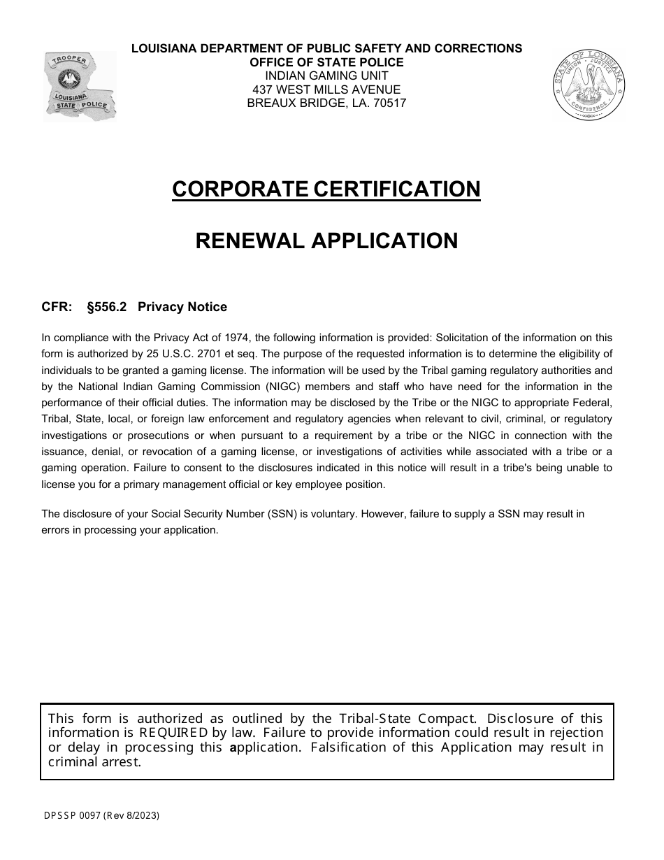 Form DPSSP0097 Corporate Certification Renewal Application - Louisiana, Page 1