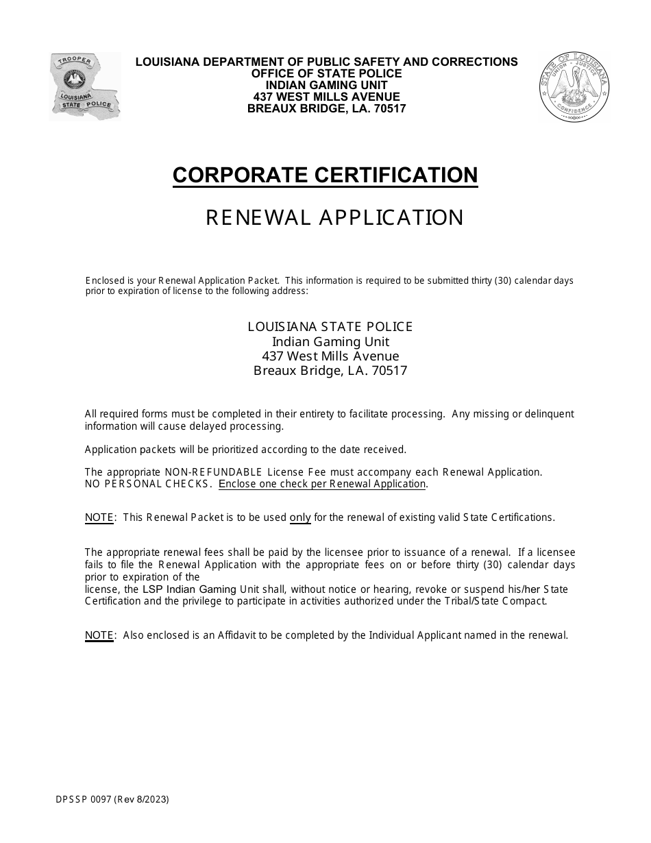 Form DPSSP0097 Corporate Certification Renewal Application - Louisiana, Page 2