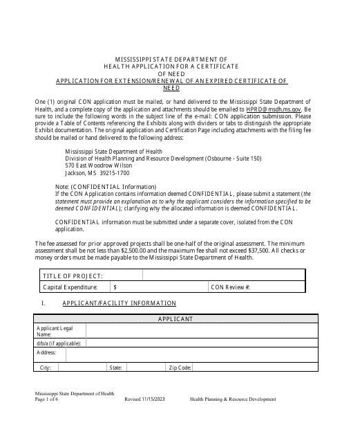 Application for Extension / Renewal of an Expired Certificate of Need - Mississippi Download Pdf