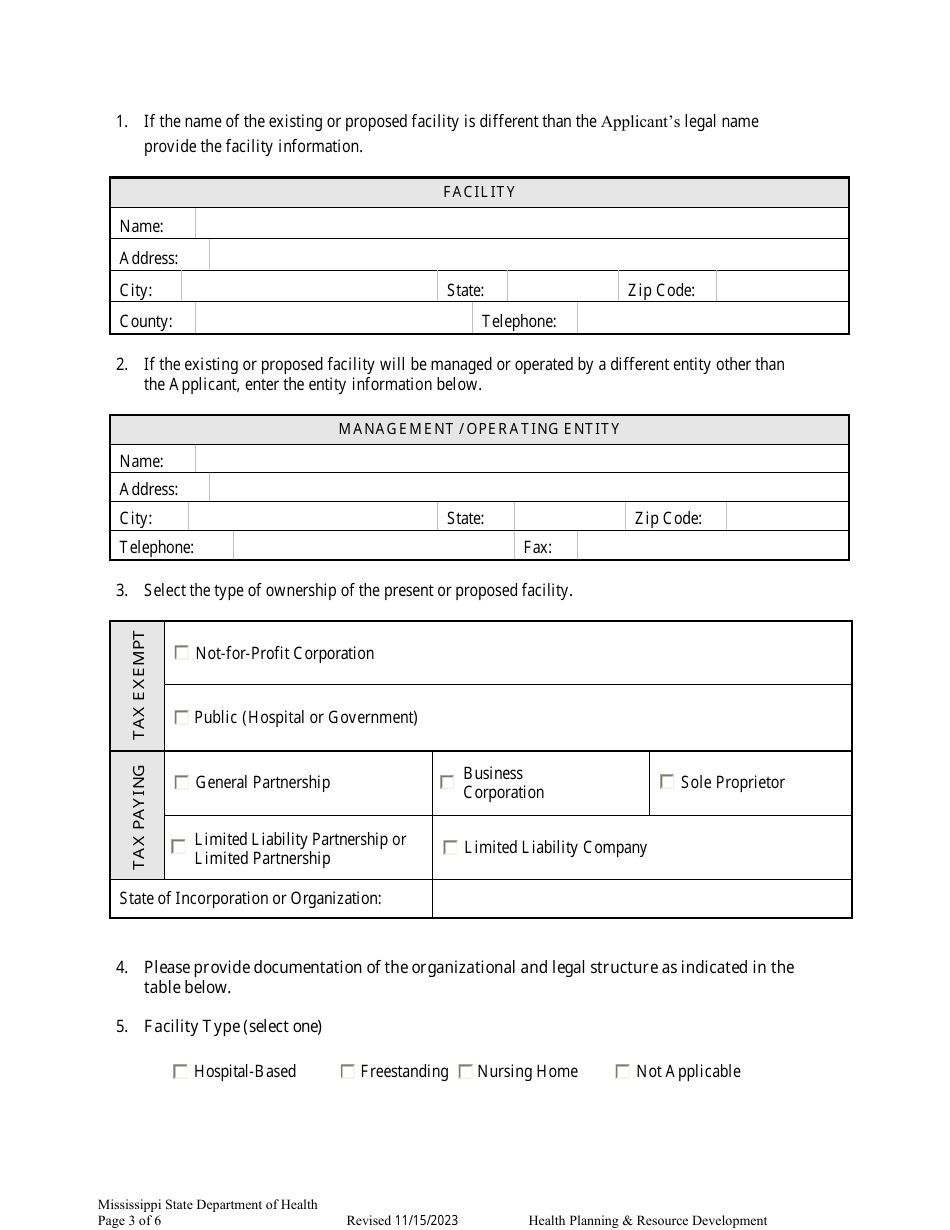 Application for Extension / Renewal of an Expired Certificate of Need - Mississippi, Page 3