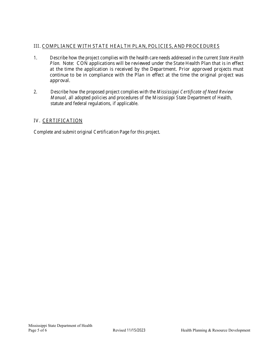 Application for Extension / Renewal of an Expired Certificate of Need - Mississippi, Page 5