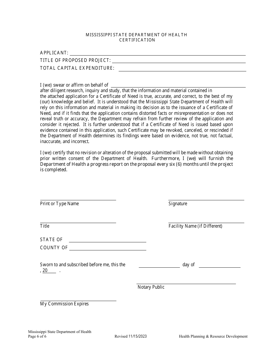 Application for Extension / Renewal of an Expired Certificate of Need - Mississippi, Page 6